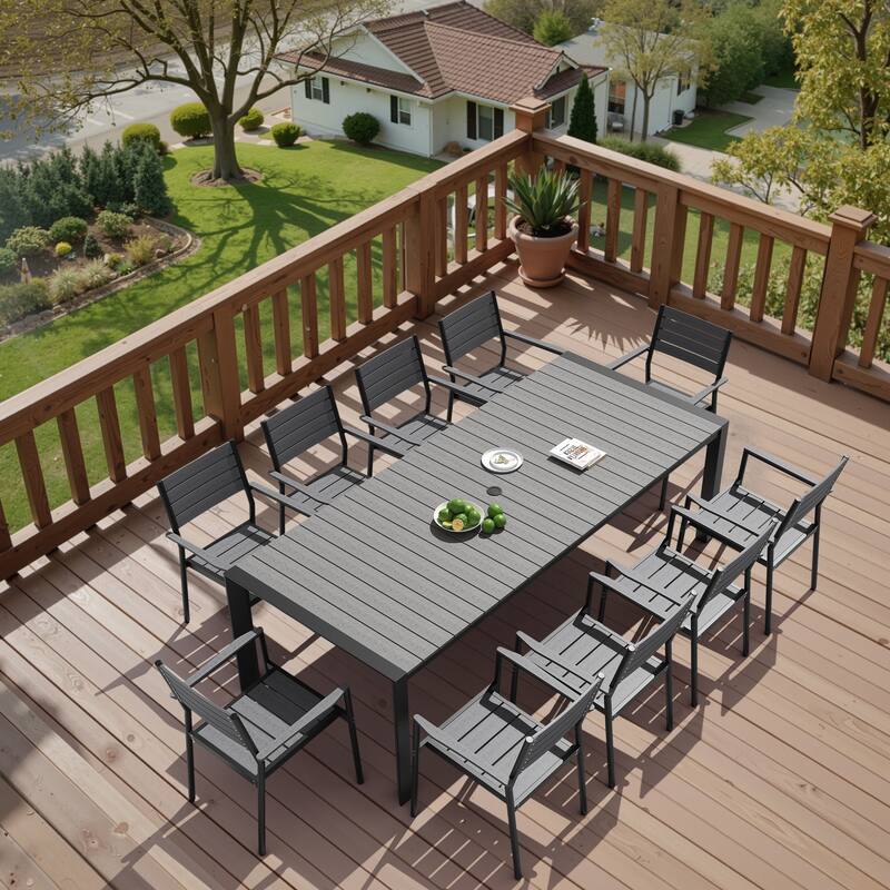 11-Piece Outdoor Patio Dining Set Wood Like Table Top Aluminum Rectangular Umbrella Hole Table with Stackable Armrest Chairs