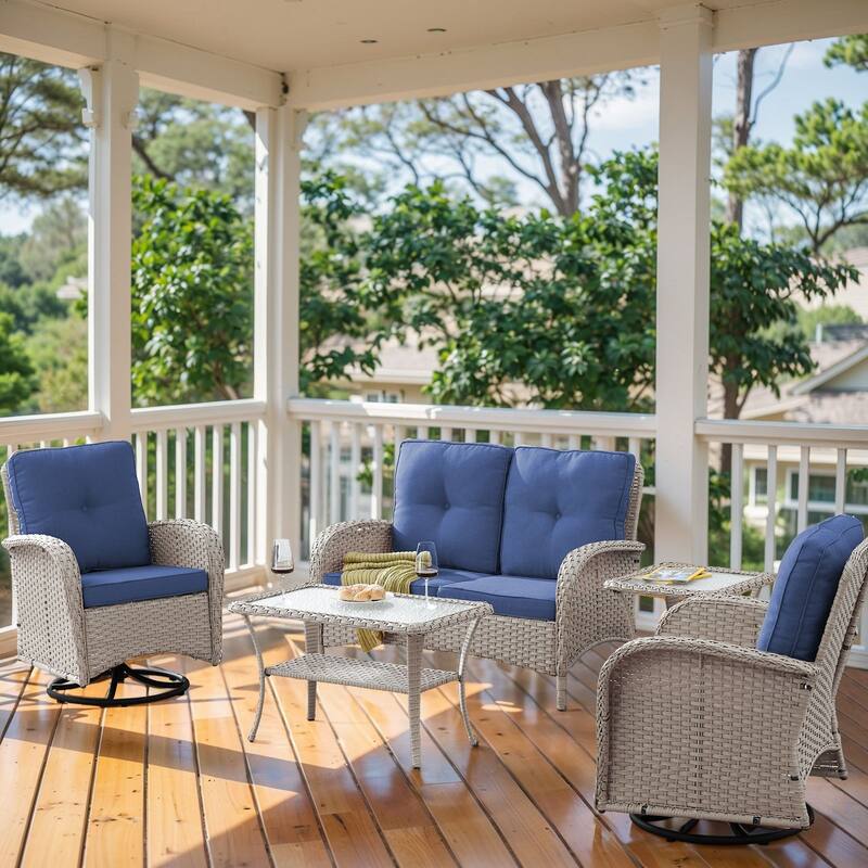 Outdoor Swivel Chairs Table with Loveseat Sofa Coffee Table - Light Grey - Blue