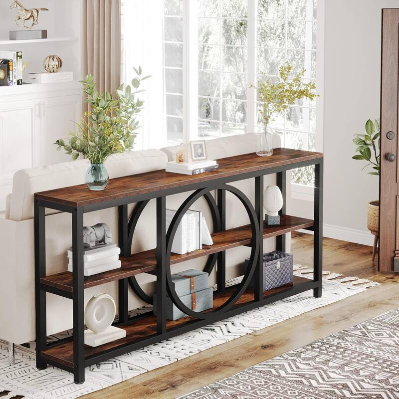 70.9-inche Sofa Console Table with Creative Metal Leg Design, 3 Tiers Narrow Long Accent Tables for Entryway - Brown+Black