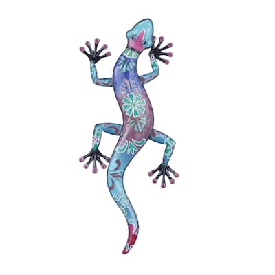 Metal Lizard Indoor Outdoor Floral Patterned Home Wall Décor - Blue, Orange, Multi Colored - Roche River Decor