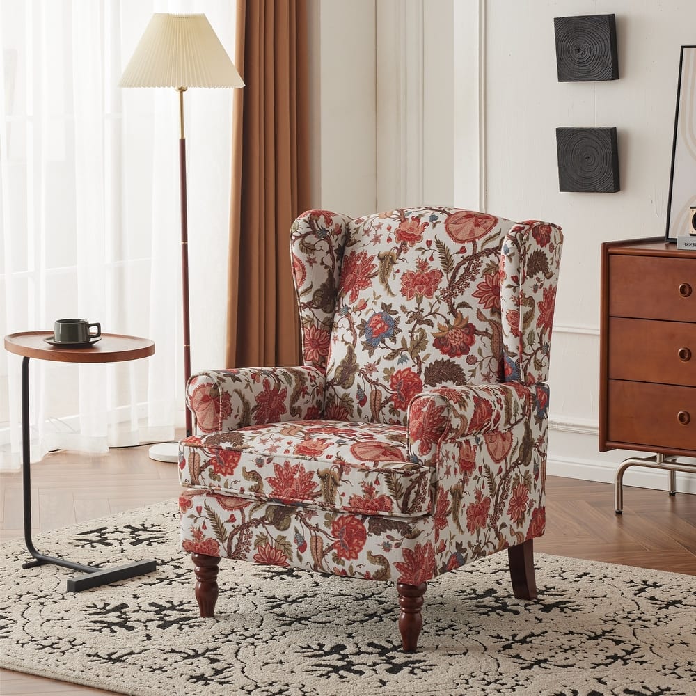 Erommy Modern Accent Chair with High Back, Upholstered Fabric Single Sofa with Button Details and Wooden Legs