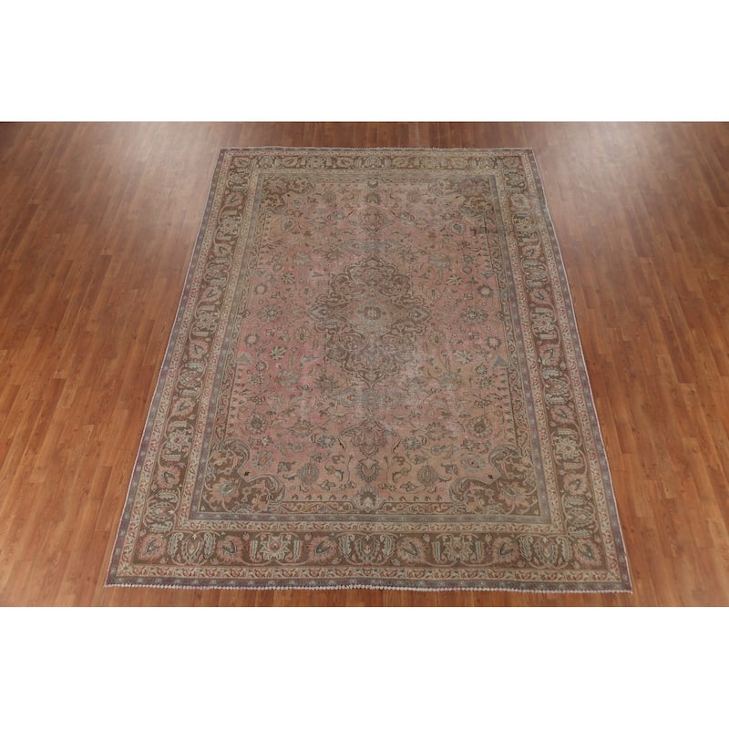 Traditional Pink Mashad Persian Vintage Rug Hand-Knotted Wool Carpet - 8'0"x 10'10"