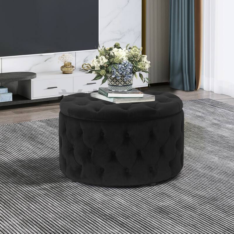 Adeco Round Storage Ottoman Button Tufted Footrest Stool Bench - Black