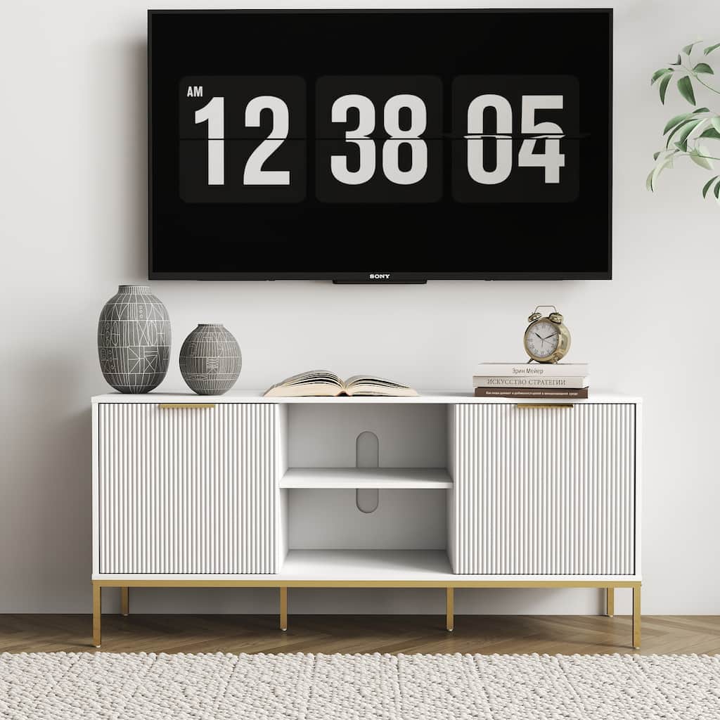 GDFStudio - Modern TV Stand with Wave-Design Doors, Open Shelf & Adjustable Shelf, White with Gold Legs — Stylish and Functional