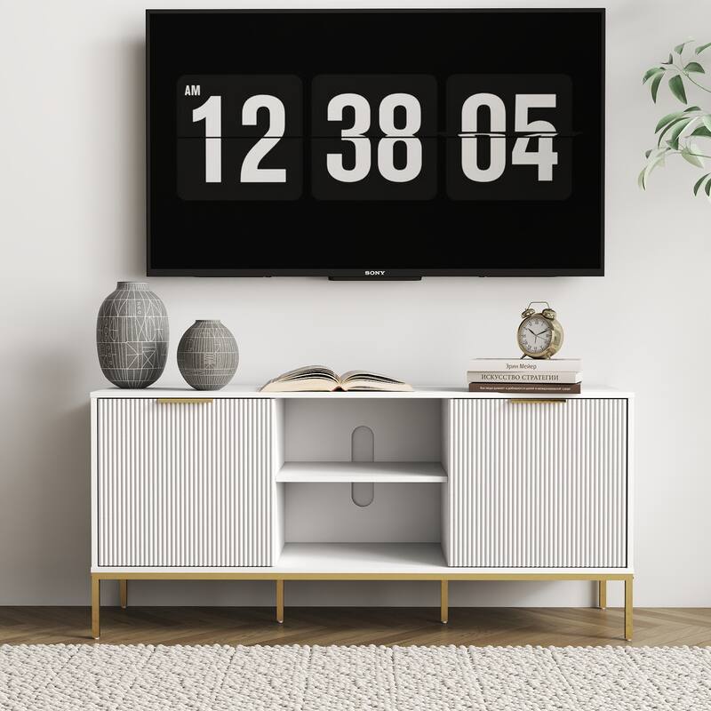 Modern Stylish TV Stand, Entertainment Center TV Stand with Solid Wood Frame and Rainbow Glass Door, for Living Room - White