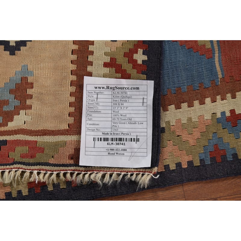 Vegetable Dye Kilim Qashqai Persian Antique Runner Wool Carpet - 2'9"x 13'1"