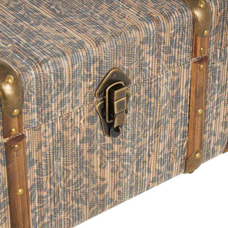 Blue Wooden Vintage Storage Floral Decorative Trunk with Brown Leather and Wood Accents and Gold Studs (Set of 2)
