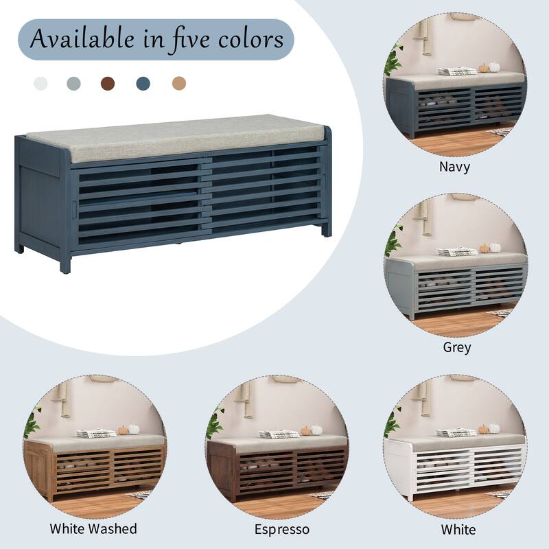 Shoe Storage Bench with Padded Seat Cushion and 2 Sliding Distressed Shutter Doors, Entryway Shoes Bench Storage Ottoman
