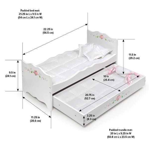 Badger Basket Doll Bed with Trundle and Bedding - White Rose - 22.5" x 11.25" x 11.25"