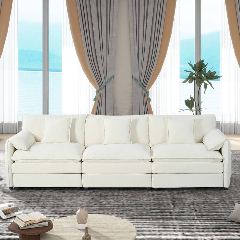 109.45" Chenille Modular 3-Seater Sofa with Dual Cushions & 3 Pillows - Beige