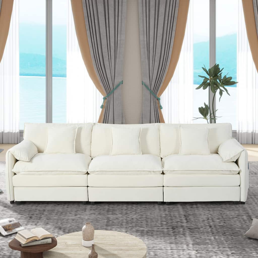 Oversized Deep Seat 3 Seater Modular Sofa, Beige Chenille for Living Room