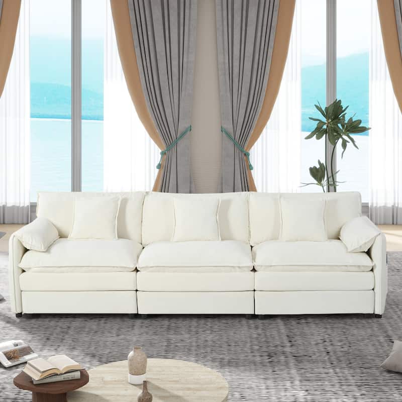 Oversized Deep Seat 3 Seater Modular Sofa, Beige Chenille for Living Room - Multi-Color