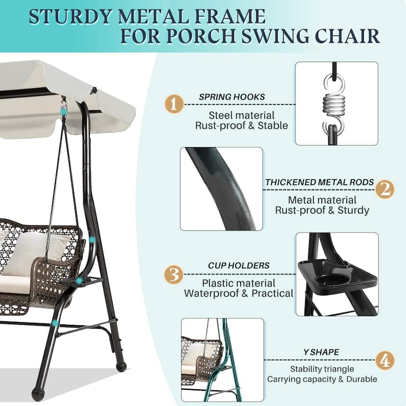 Outdoor Patio Canopy Swing Chair 3-Person Steel Frame Textilence Seats ...