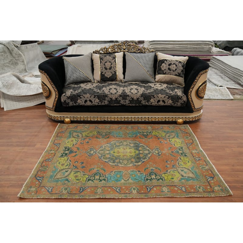 Hand Knotted Oriental 100% Wool Carpet Traditional Medallion Oranges & Rust Tabriz Area Rug - 6' 2'' X 4' 6''