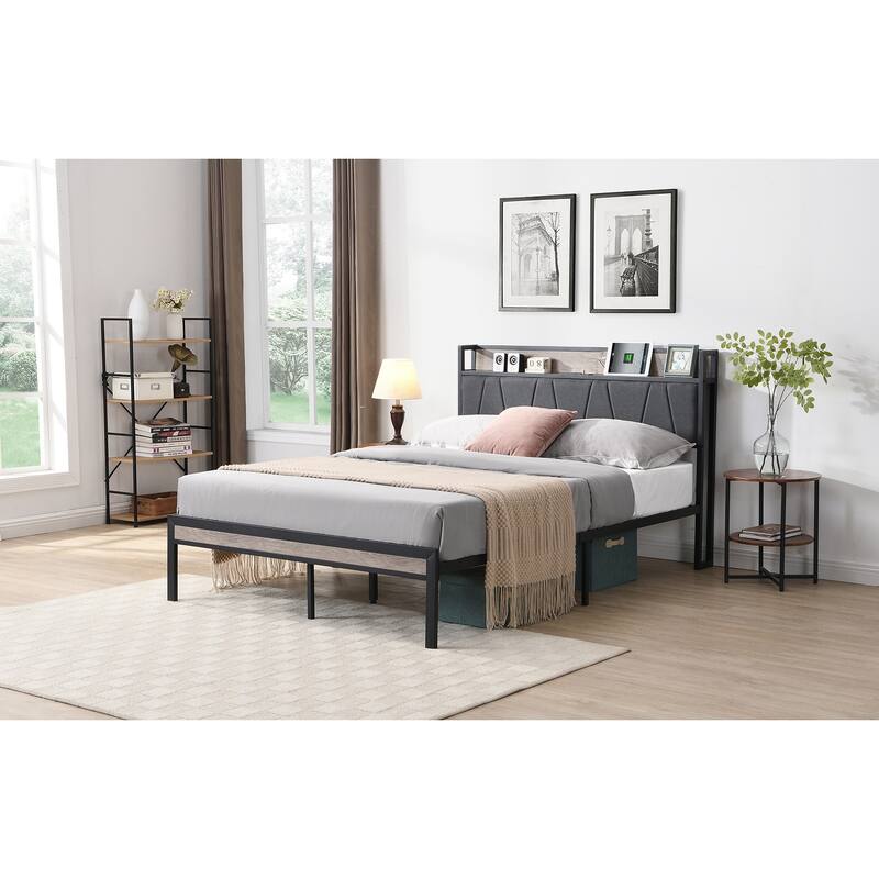 Full Size Metal Platform Bed with Upholstered Headboard and USB