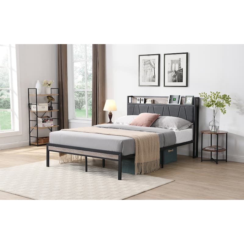Queen Size Metal Platform Bed Frame with Storage, Headboard, Footboard, USB Port, No Box Spring Needed, Easy Assembly
