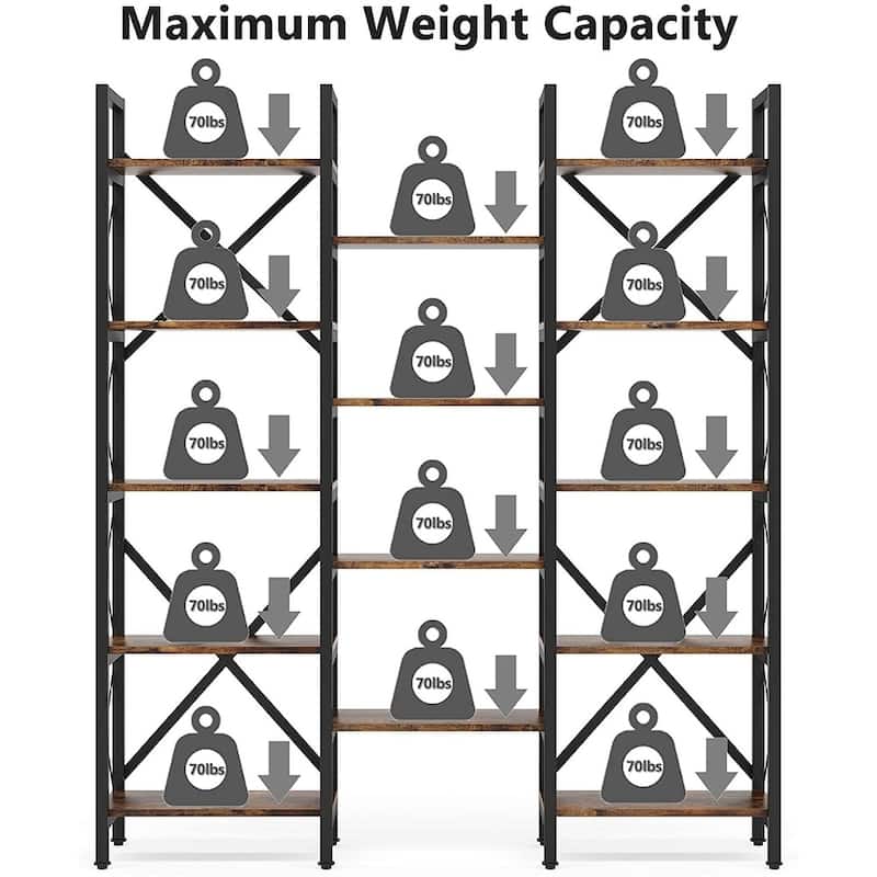 Open Triple Wide 5-Shelf Bookcase, Industrial Etagere Bookshelf for Home & Office