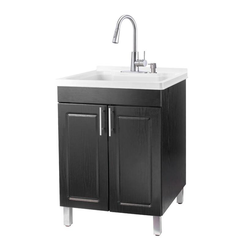 TEHILA Black Utility Sink Cabinet, High Arc Faucet, Soap Dispenser - Stainless