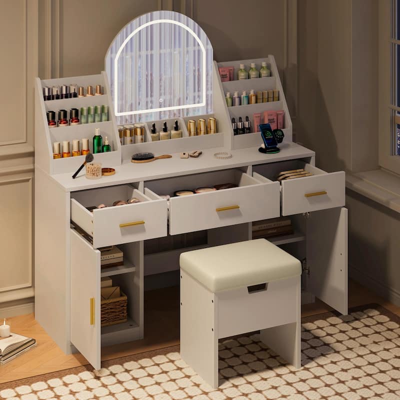 47.2" Makeup Vanity with Mirror & Light - Vanity Desk with Cushioned Storage Stool - White