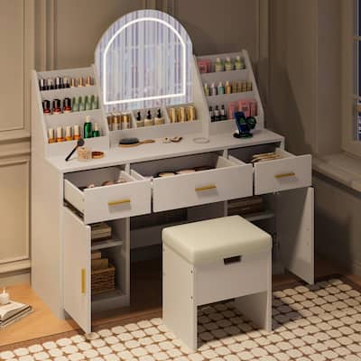 47.2" Makeup Vanity with Mirror & Light - Vanity Desk with Cushioned Storage Stool