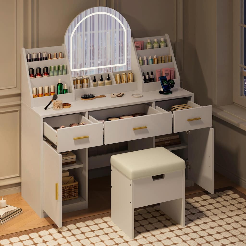 47.2" Makeup Vanity with Mirror & Light - Vanity Desk with Cushioned Storage Stool