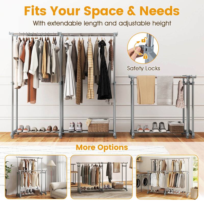 Costway Double Rod Clothes Rack with Extendable Height & Width for - Silver - See Details