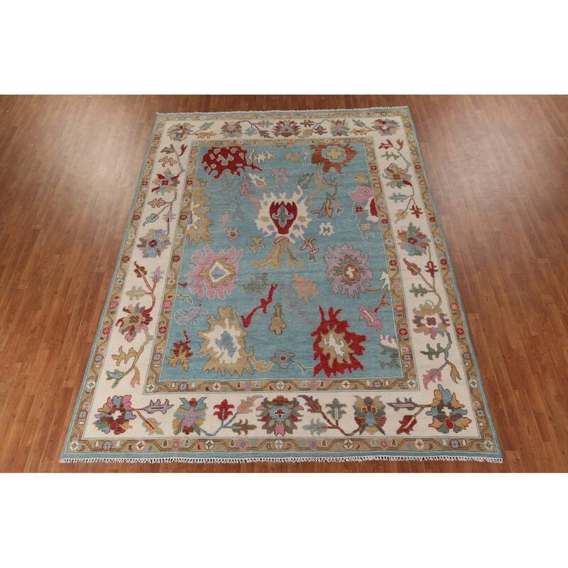 Light Blue Floral Oushak Rug Hand-Knotted Oriental Wool Carpet - 8'10"x 11'10"