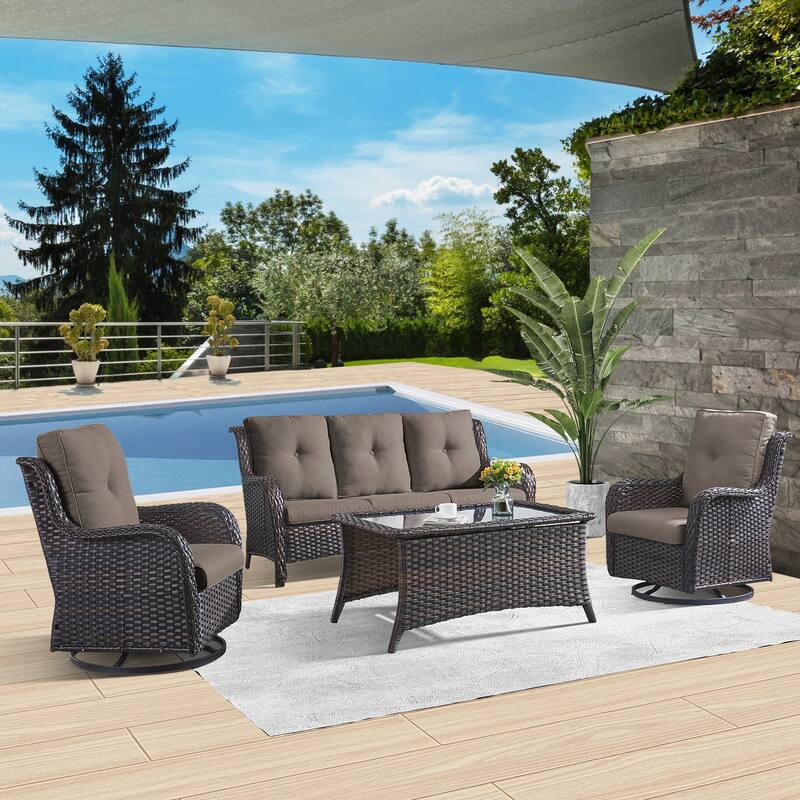 Patio Sofa with Swivel Rocking Chair - Brown - Grey