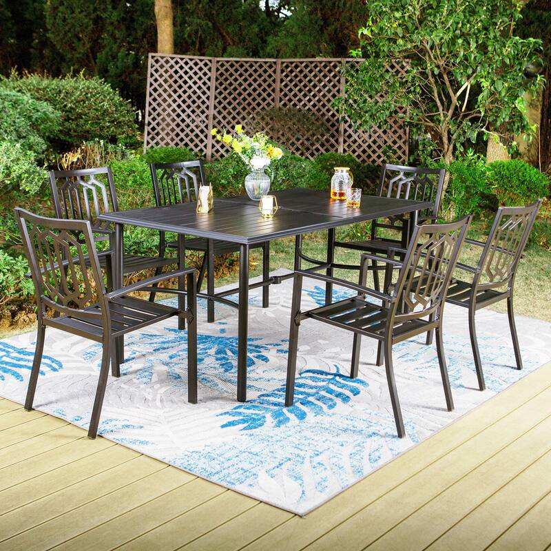 MAISON ARTS 7-Piece Metal Patio Dining Set With 1 Rectangular Table & 6 Stackable Dining Chairs