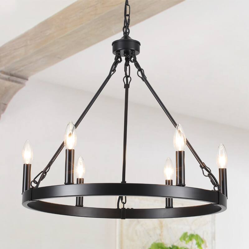 22.04 in. 6-Light Black Rustic Farmhouse Chandelier, Wagon Wheel Chandelier for Dining Room Living Room Bedroom Kitchen - Black
