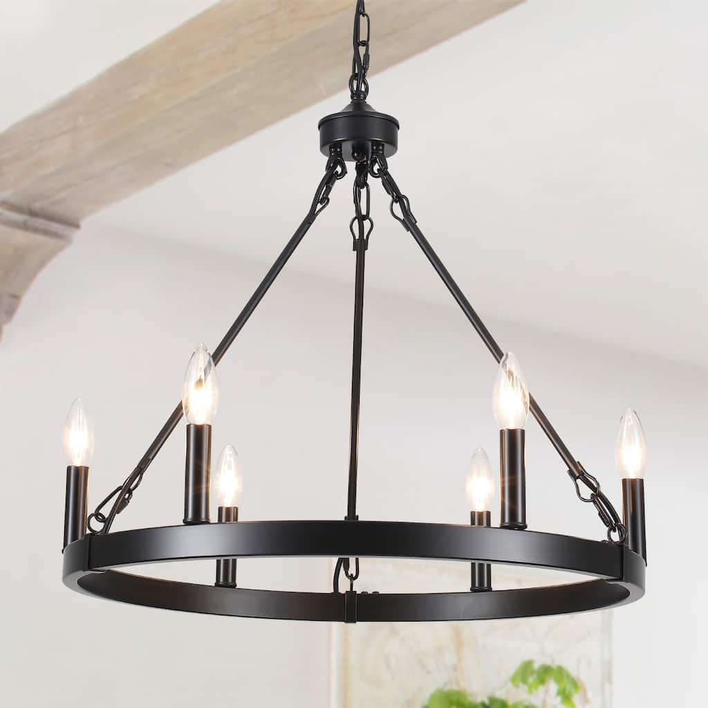 22.04 in. 6-Light Black Rustic Farmhouse Chandelier, Wagon Wheel Chandelier for Dining Room Living Room Bedroom Kitchen