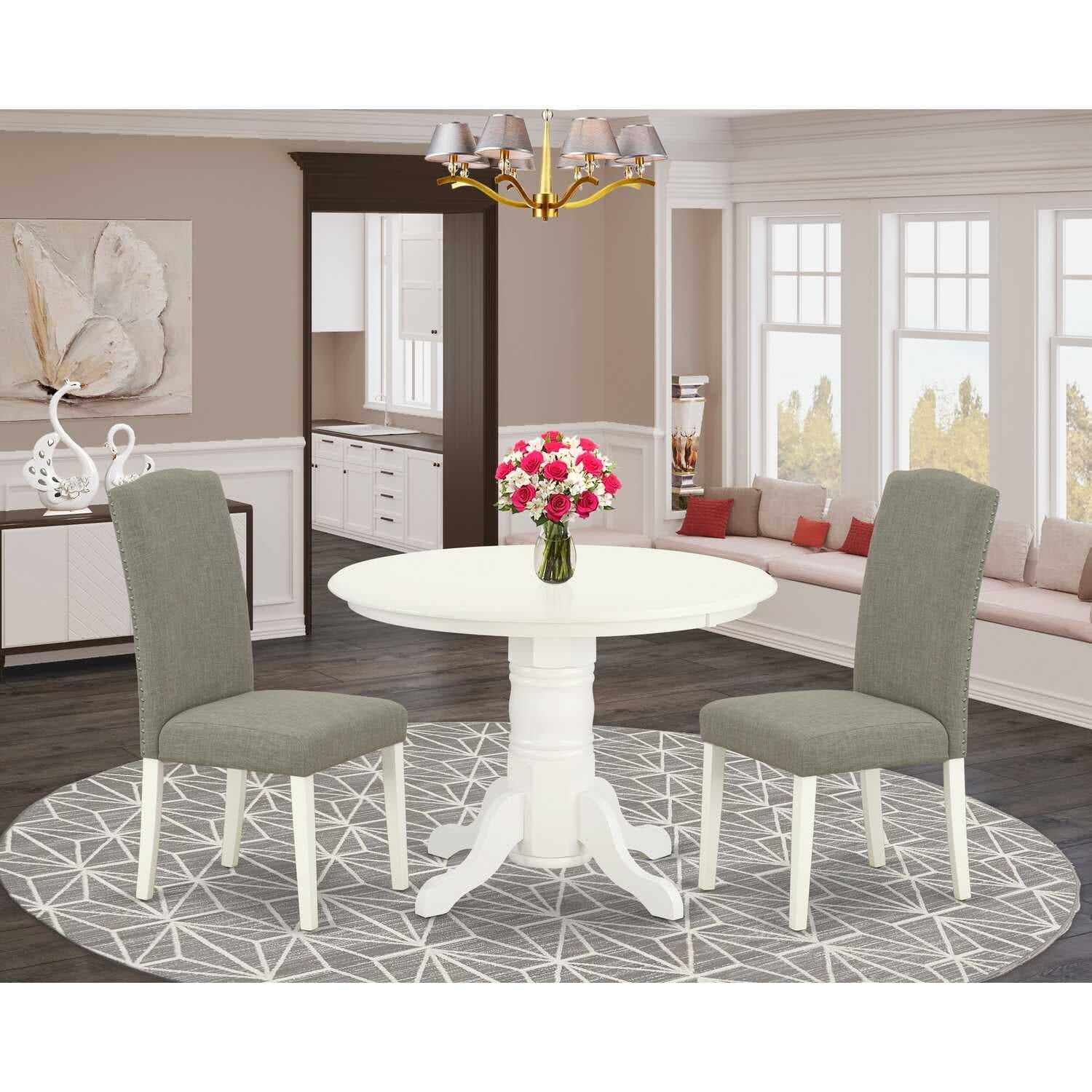 Round Dinette Set 3pc Table & Chairs - 42" Kitchen Table with Parson Chairs - Linen White Legs