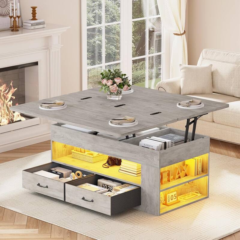 Lift Top Coffee Table Open Storage Shelf & Hidden Classified Storage