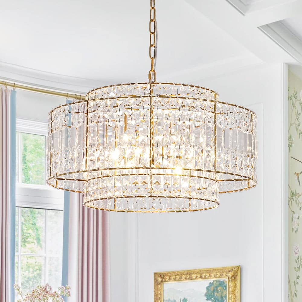 Glam Vintage Luxe Round Tiered Drum Crystal Accented Chandelier - 23.6 in