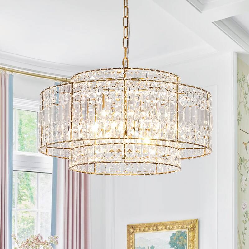 Glam Vintage Luxe Round Tiered Drum Crystal Accented Chandelier - 23.6 in