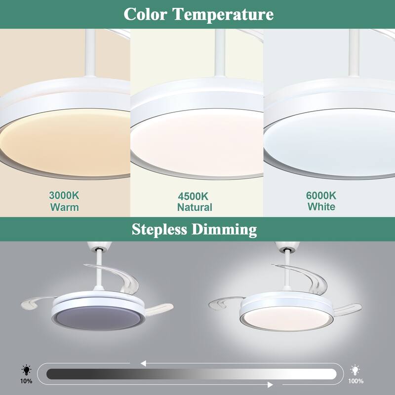 Cusp Barn 42 Inch Retractable Ceiling Fan with Lights, Modern Silent DC Motor 6 Speeds Chandelier Ceiling Fan for Bedroom