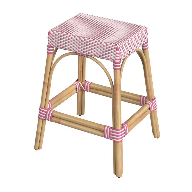 Robias 24.5" Rattan Rectangular Counter Stool - White/Pink Dot/ Natural Rattan Frame