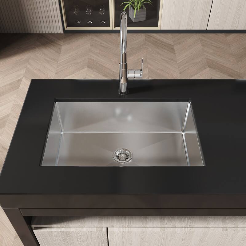 Dark Gray 30 Inch Single Bowl Undermount Kitchen Sink 304 Stainless Steel Brushed Finish with Grid Drain - 30" L × 19" W × 10" H - Black