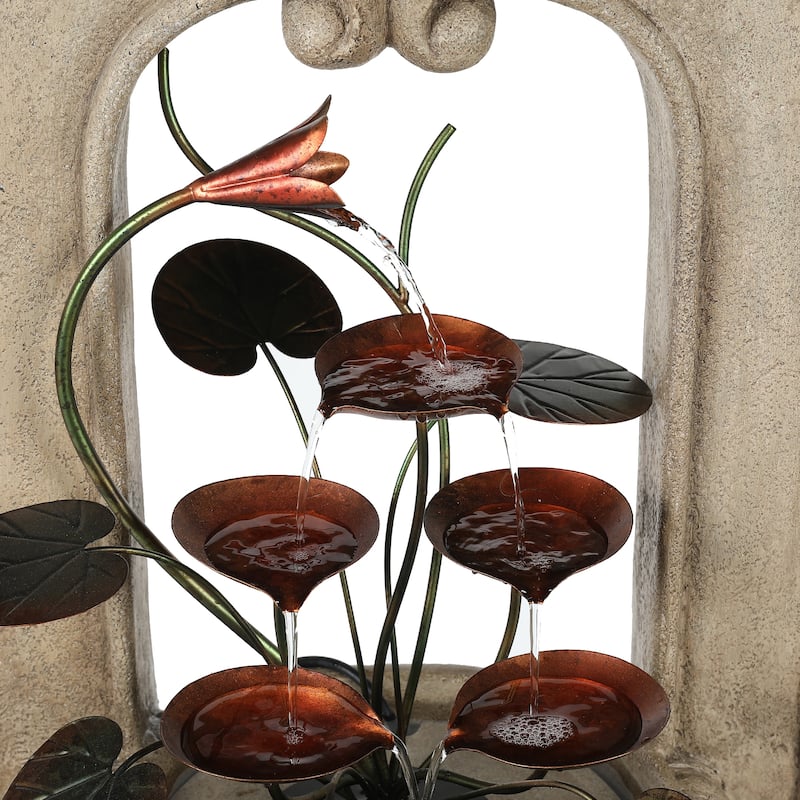 Arched 40.35-Inch H Cement Urn with Metal Flowers Outdoor Fountain - 40.35" Hx 18.11" W x 11.42" D