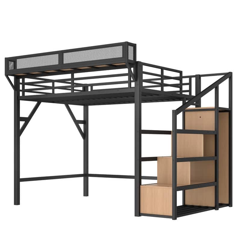 Twin XL / Full Size Loft Bed with Storage Stairs and Open Wardrobe, Metal Kids Bed Frame with USB Ports and LED Lights