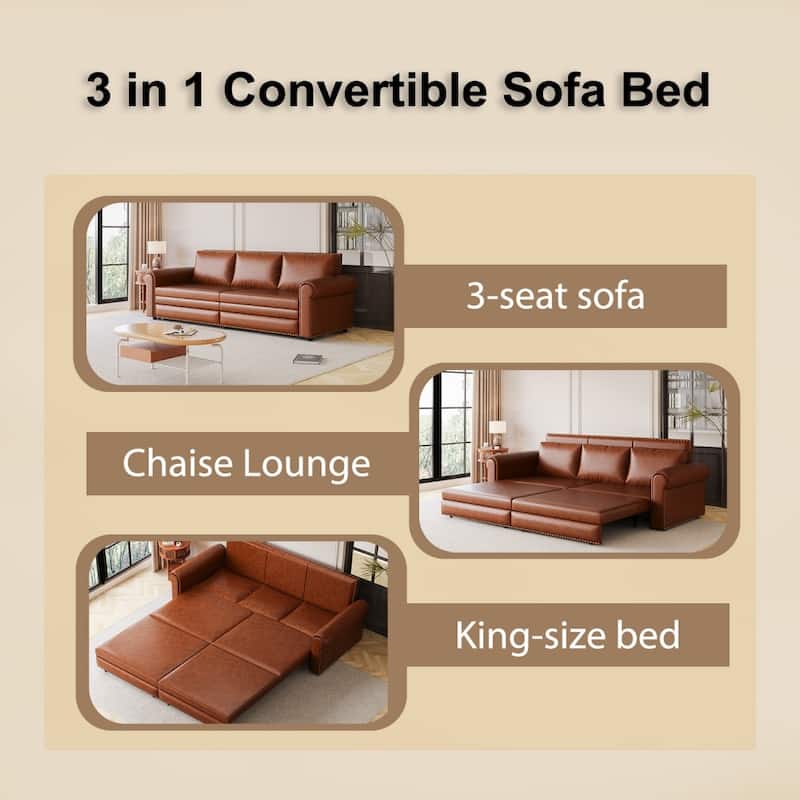 93.7" King Pull Out 3-in-1 Faux Leather Convertible Sleeper Sofa Bed with Nailhead Trim and Rolled Arm