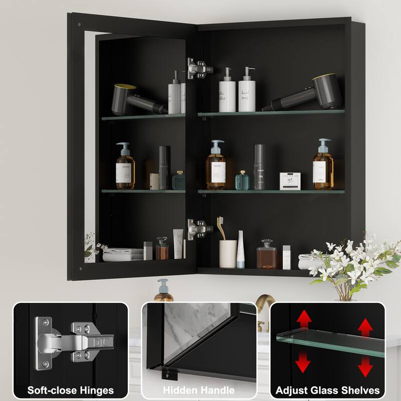 Belle Medicine Cabinet with Mirror, Adjustable Shelves, Recessed or Wall Mount