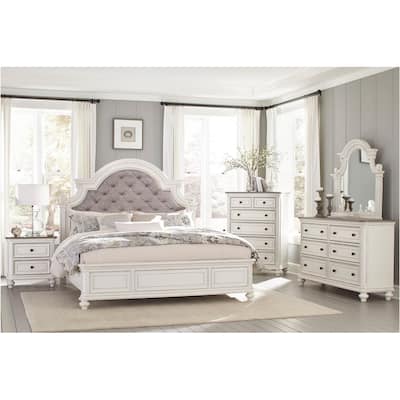 Milena 4 Piece White Gray Traditional Fabric Upholstered Tufted Panel Bedroom Set