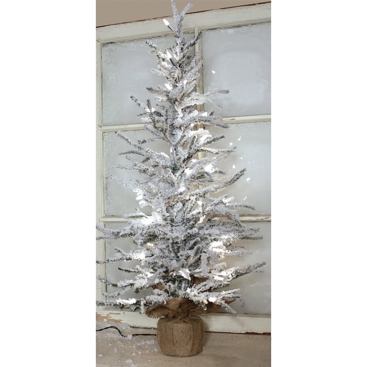 37-Inch Flocked Christmas Tree with 35 Clear LED Lights and Burlap Base for Home Decor - 36"H