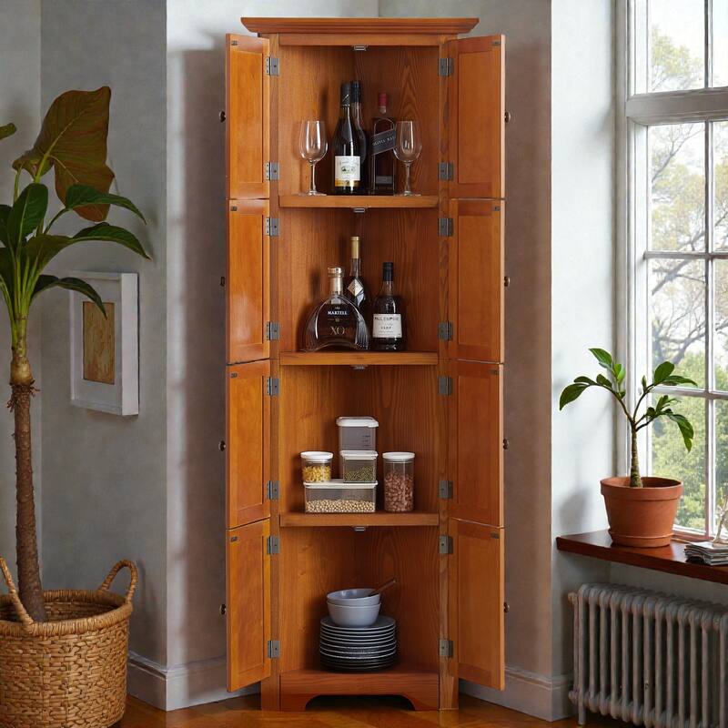 72 Inch Corner Kitchen Pantry Cabinet with 8 Doors, 4-Tier Tall Storage Cabinet for Living Room, Bathroom, Farmhouse Style