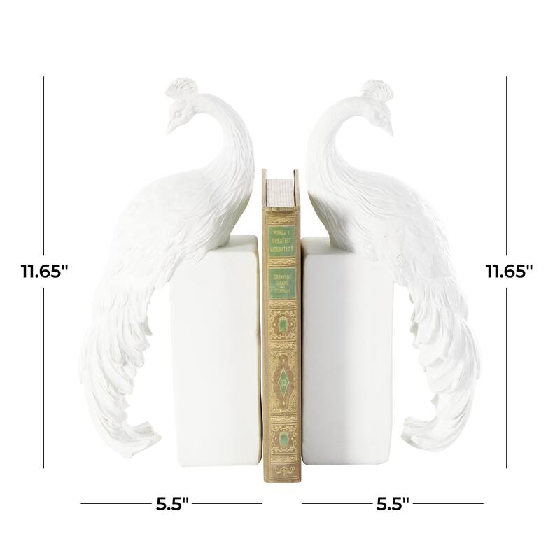 Resin Peacock Textured Decorative Bookends with Tall Block Bases - Set of 2 White - Roche River Decor