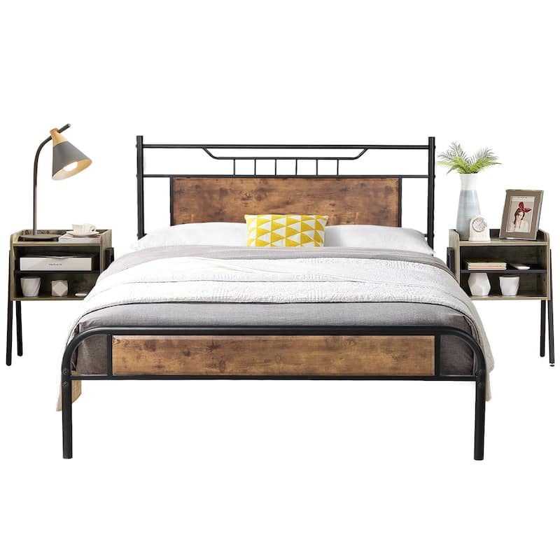 VECELO Industrial 3-pieces Bed and Modern Nightstands Set - Grey Nightstands - Queen