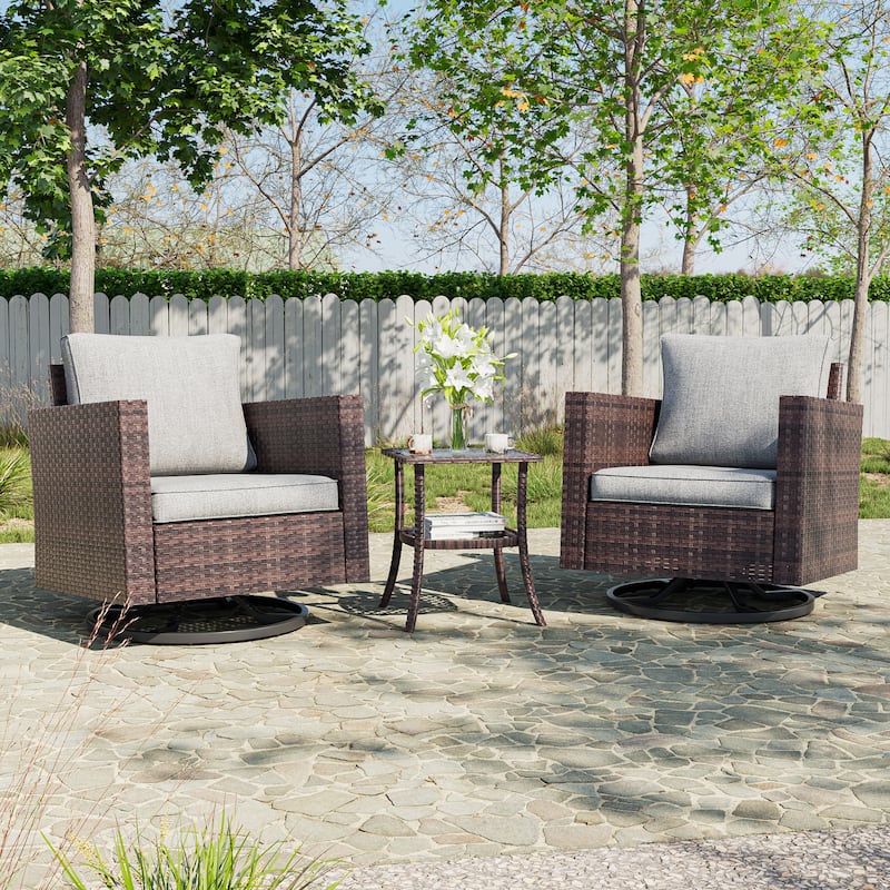 BONOSUKI 3Pcs Patio Swivel Rocking Sofa Set Brown Rattan w/Glass Table - Linen Grey