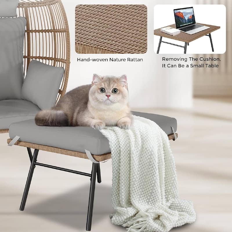 Rattan Wicker Egg Chair with Ottoman with Cushion for Balcony, Porch, Backyard