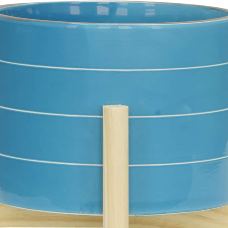 Sagebrook Home Ceramic Planter on Wooden Base Contemporary Coastal Sky Blue and White Striped Design Indoor or Outdoor